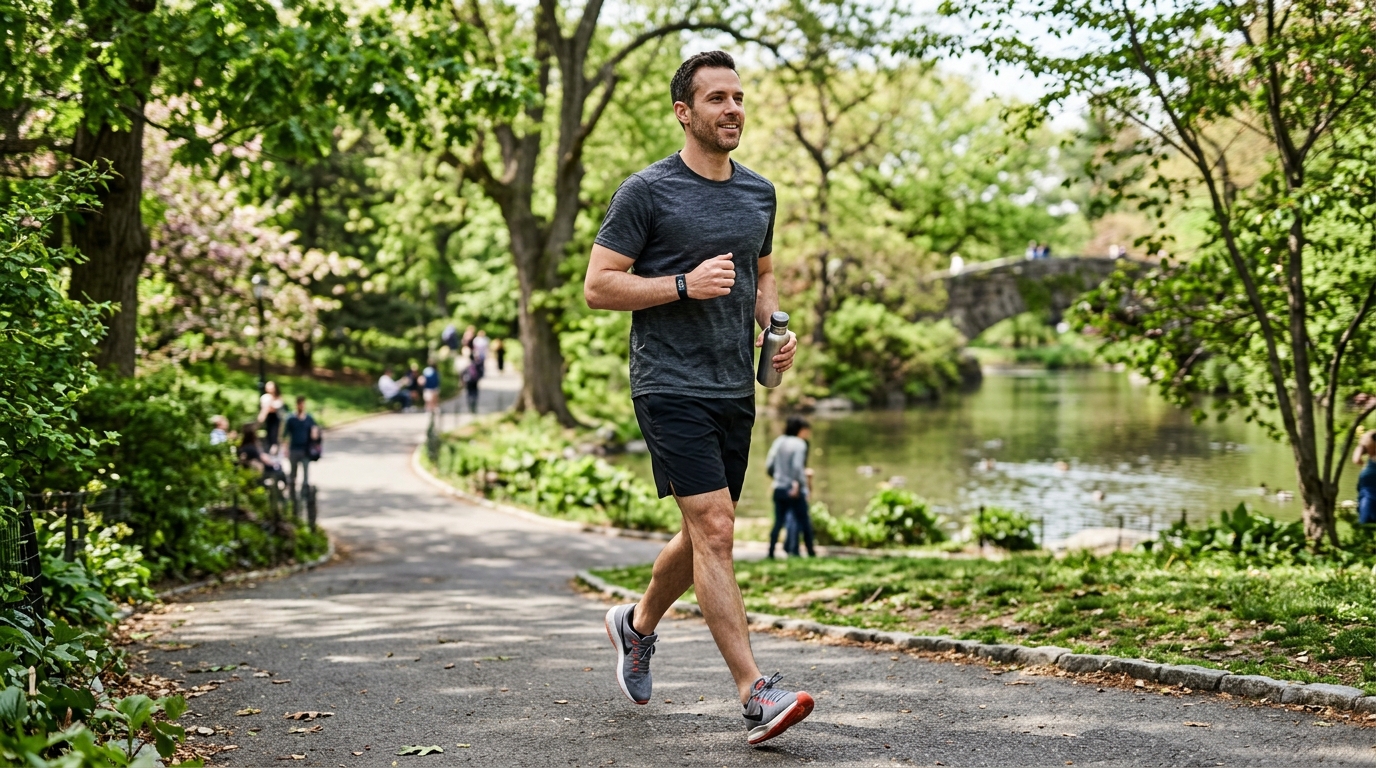 Člověk kráčí v parku s fitness náramkem na zápěstí